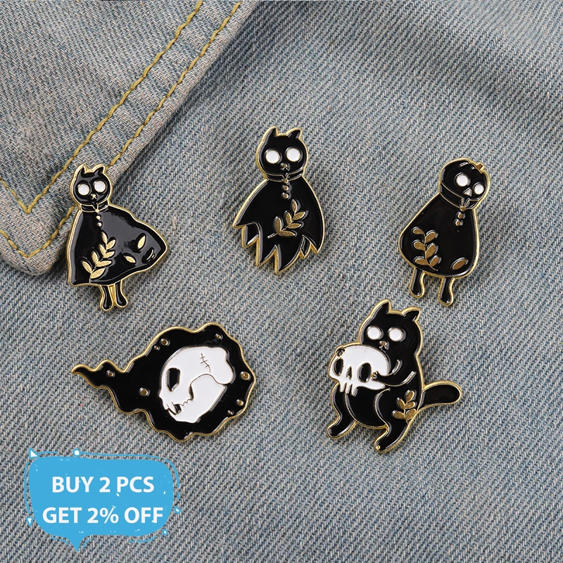 Эмалированные булавки в стиле панк с изображением кошек плащ огненный череп