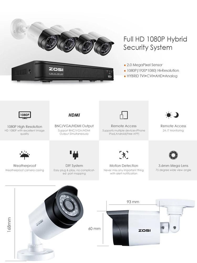 ZOSI 1080P 4 канала CVBS AHD CVI TVI 4-в-1 видеонаблюдения ночного видения безопасности Видео IP камера водонепроницаемая ip-камера наблюдения Системы DVR Kit