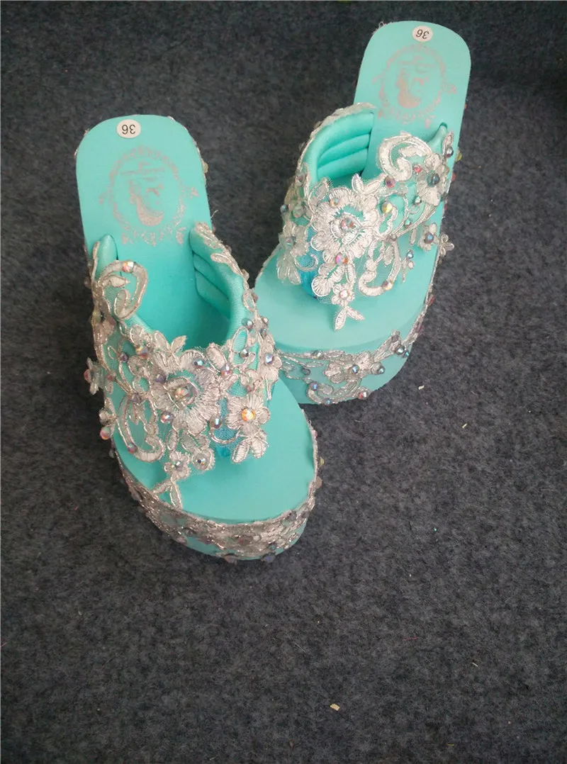 

Womens Rhinestones Lace Wedding Princess Slipper Platform Muffin Super High Wedge Heel Shoes Slides Flip flops Slingback New