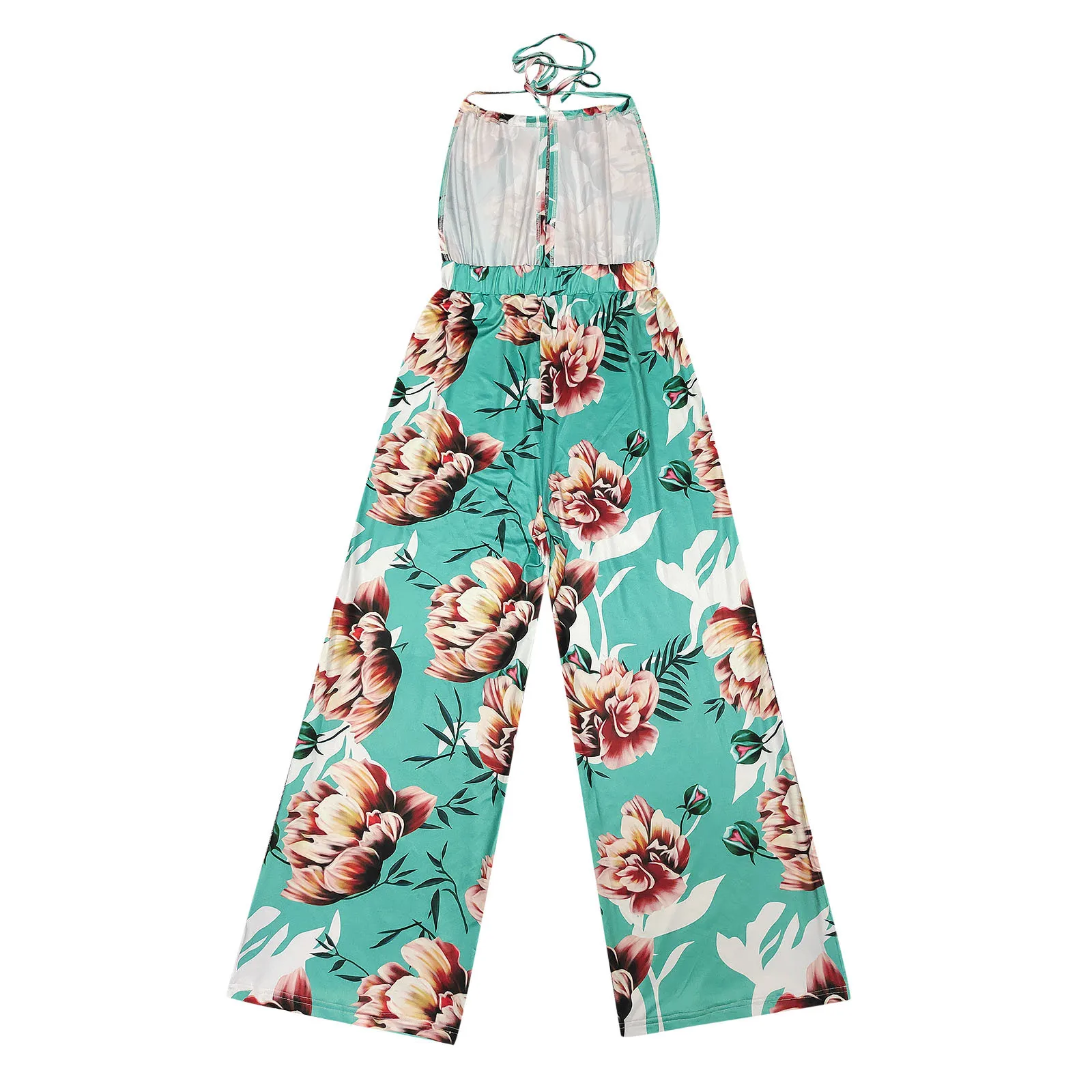 

Women Floral Print Sleeveless V-neck Halter Backless Slit Wide Leg Romper Jumpsuit Streetwear Summer Boho Long Playsuit Overalls