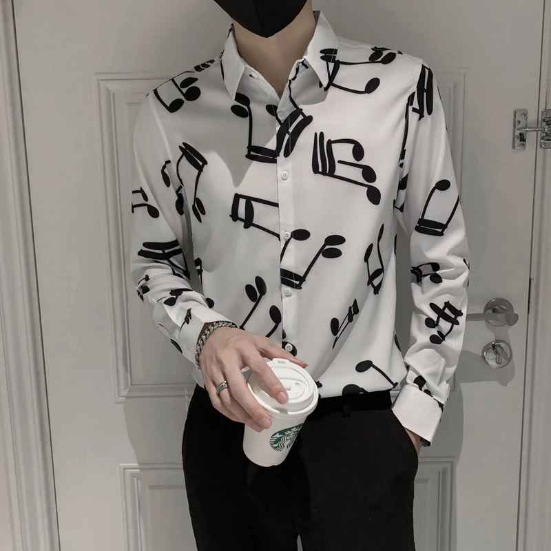 2021 New Men's Note Printed Shirts Autumn Long-sleeved Slim Musical Casual Shirt Fashion Streetwear Social Party Male Clothing