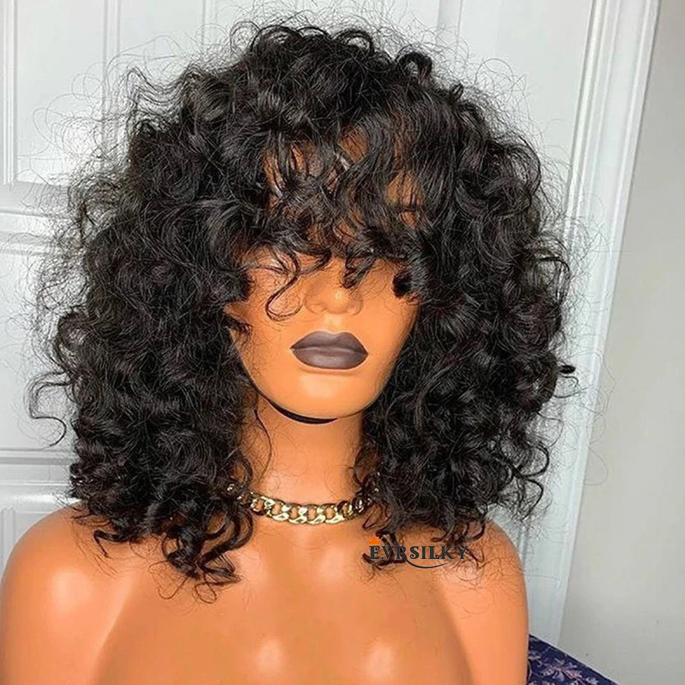 

Curly Human Hair Wig Full Machine Made With Bangs 200 Density Wavy Human Hair Fringe Wig Remy Brazilian Hair For Women No Lace