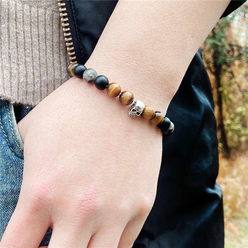 

Fashion Men's Bracelet Tiger Eye Stone Beads Bracelet Women Natural Lava Volcanic Stone Punk Skeleton Skull Bracelet Jewelry