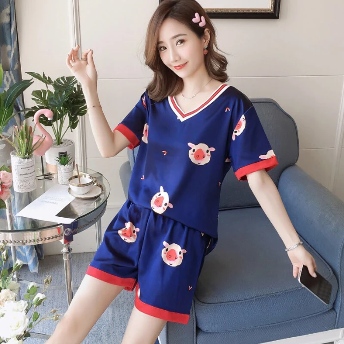 Пижама для женщин лето 2020 милый Принт короткий рукав шелк v-образный вырез