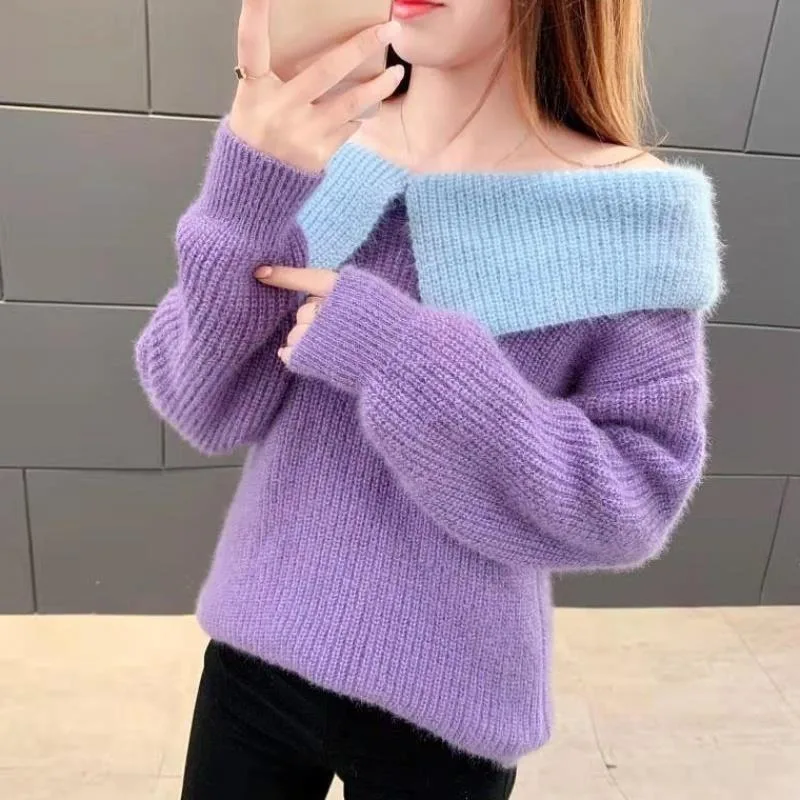 

2021 Autumn Winter New Fashion Women Color Block Pullover Sweater Turndown Collar Knitted Tops Female Long Sleeve Jumper Y579