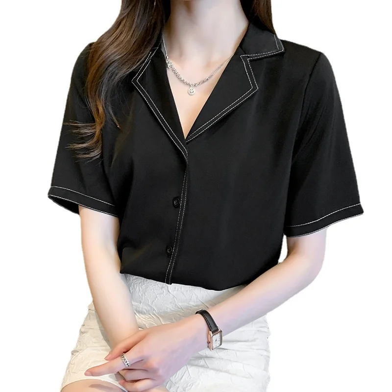 

Chiffon Shirt Short Sleeve 2021 Summer New Shirt Design Sense Suit Collar Shirt White Shirt Temperament All-match Wn*