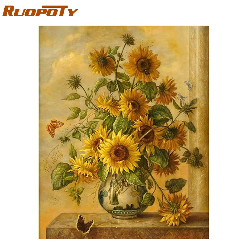 RUOPOTY Рамка Картина Diy Краска ing по номерам Подсолнух винтажная краска для взрослых