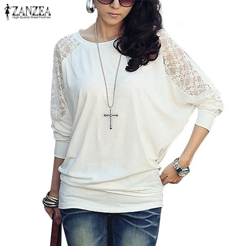 ZANZEA 2020 модная Женская Сексуальная кружевная блузка с круглым вырезом и длинным