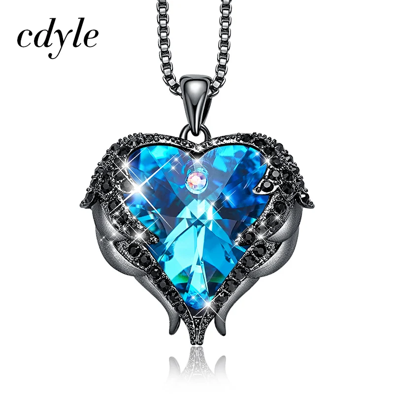 Cdyle готическое черное крыло Ангела Сверкающее красное сердце кристалл от Swarovski Подвеска Ожерелье для Хэллоуина ювелирные изделия подарок - Окраска металла: Blue P0902I
