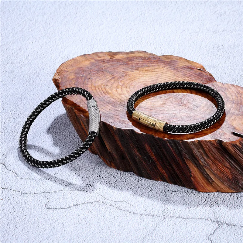 MKENDN новый мужской кожаный плетеный браслет простой черный из нержавеющей стали с