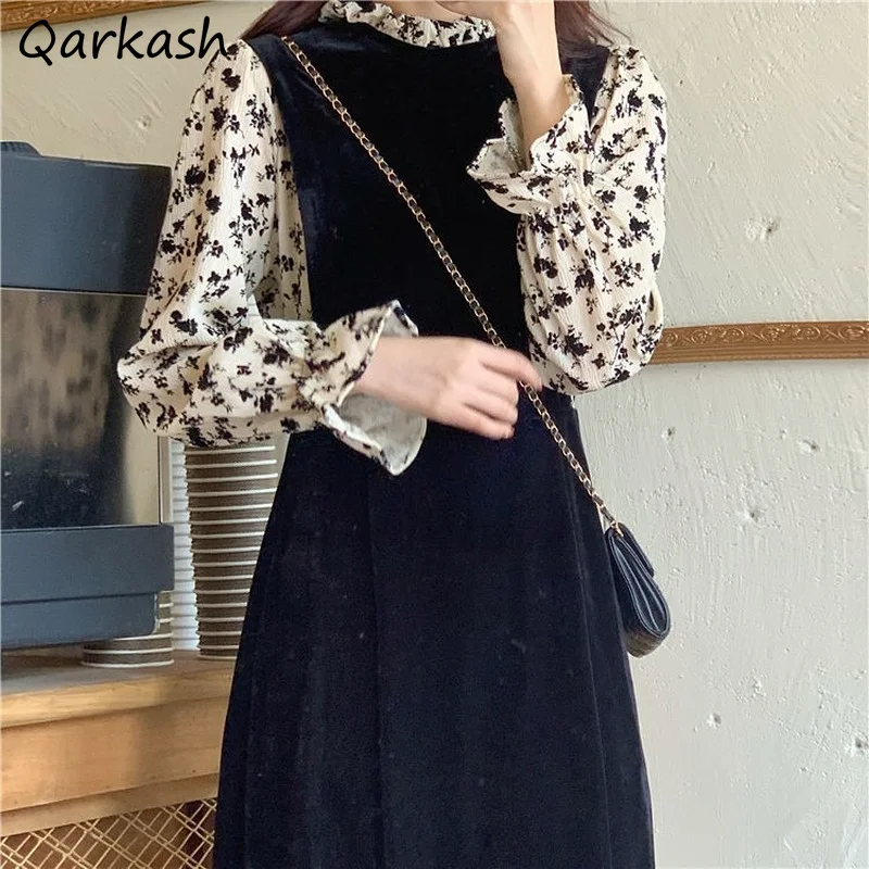 

Dress Women Fake 2 Pieces Design Patchwork Trendy French Style Party Artistic Classic Loose High Waist Vestido Holiday All-match