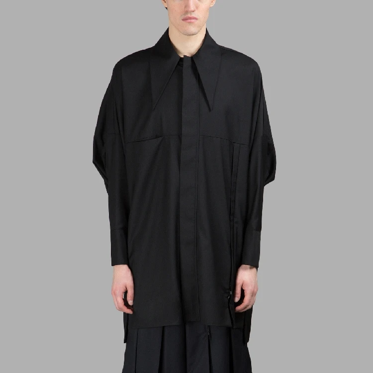 Черная Свободная рубашка средней длины с длинным рукавом и большим