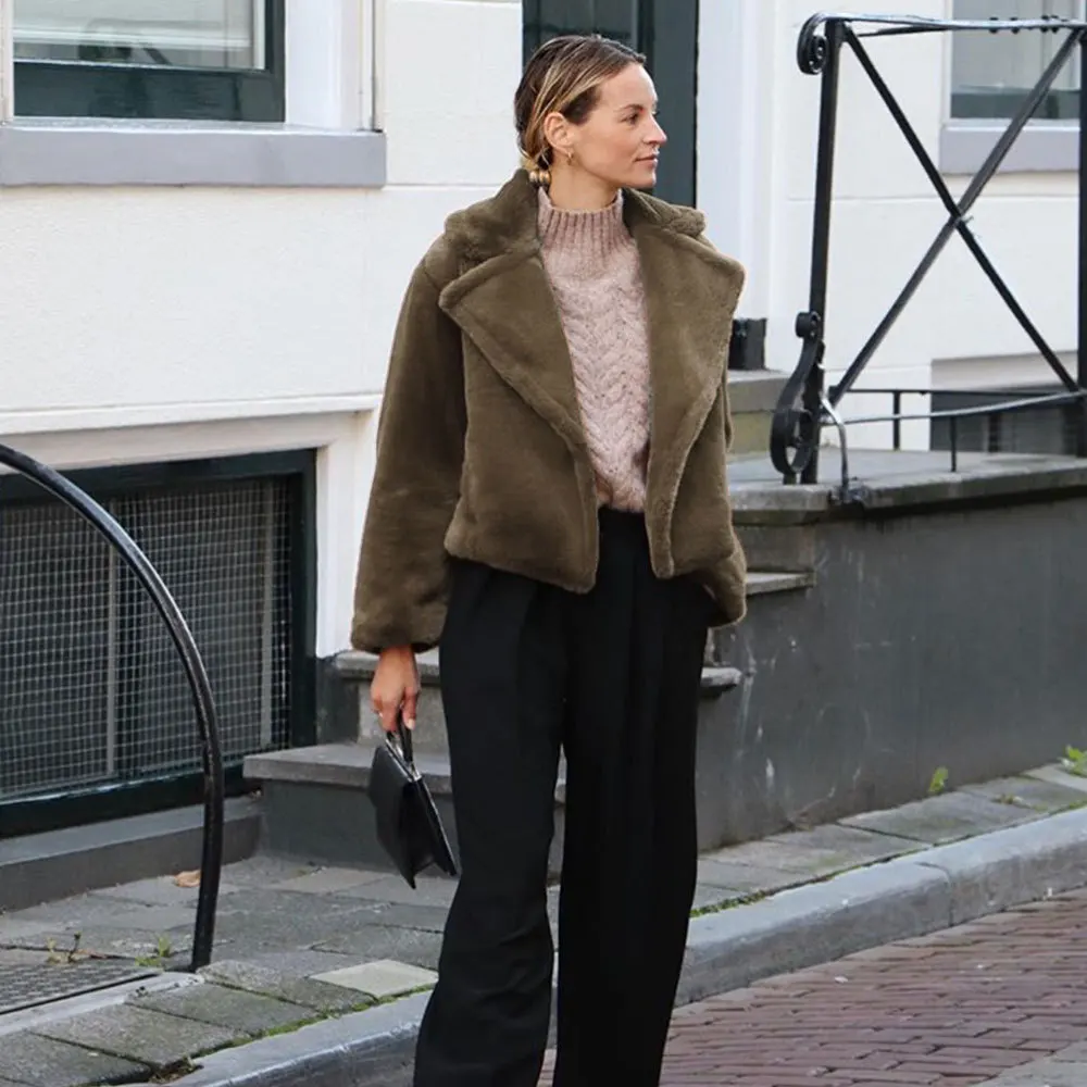 Элегантное пальто из искусственного меха Женская Повседневная пушистая осенне