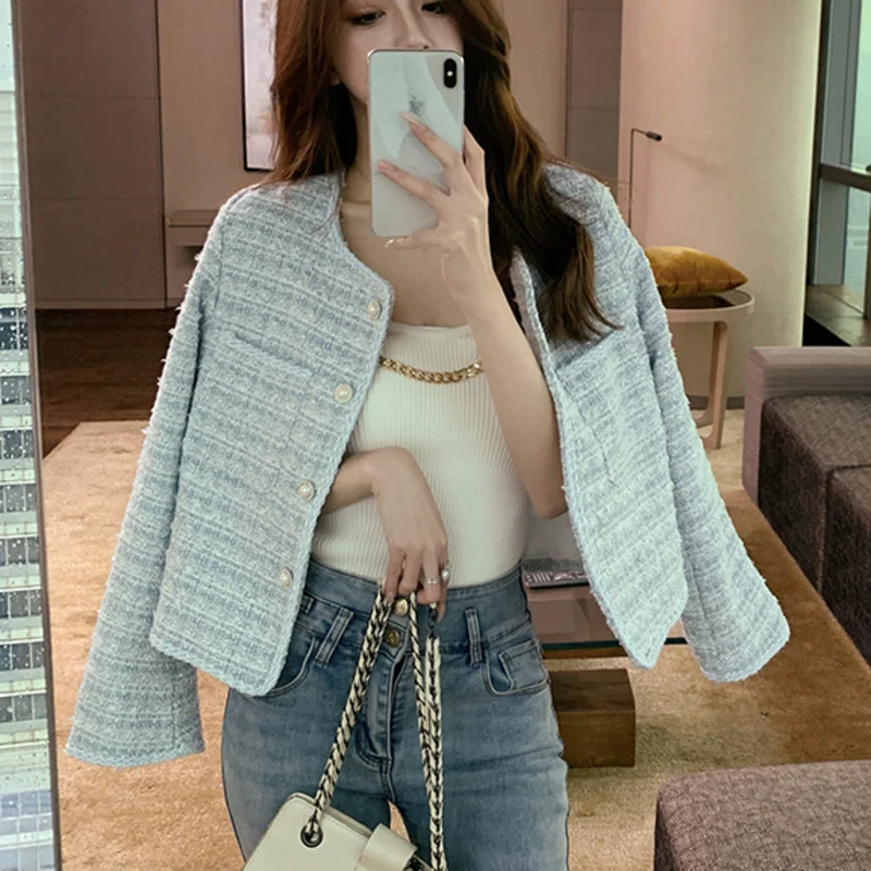 

Autumn Winter Fashion Streetwear Tweed Short Jacket Coat Women Korean Chic Long Sleeve Vintage Plaid Outwear Female Crop Top