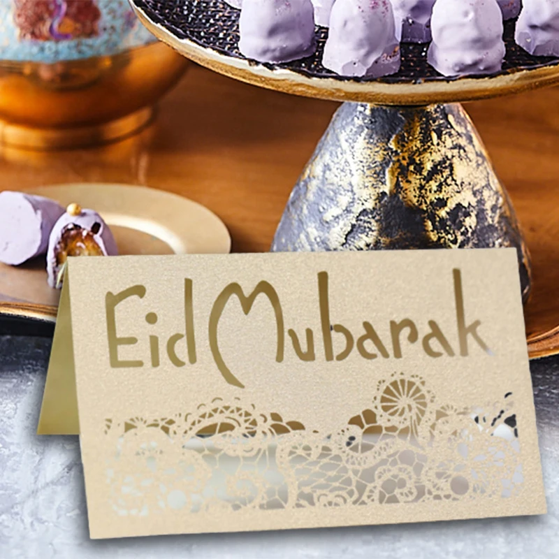 

50PCS Eid Mubarak Laser Cut Table Name Place Cards Flower Postcards Ramadan Kareem Muslim Festival Happy Al-Fitr Eid Party Decor