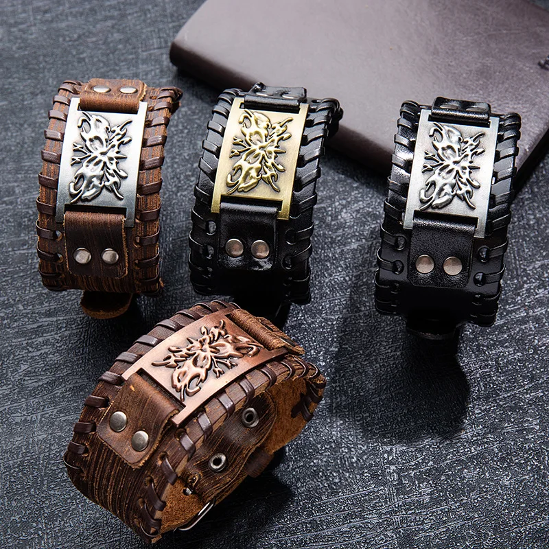 

Trendy Punk Men Wide Bangle Nordic Viking Designer Charm Butterfly Bracelet Leather Weave Adjustable Wristband Jewelry