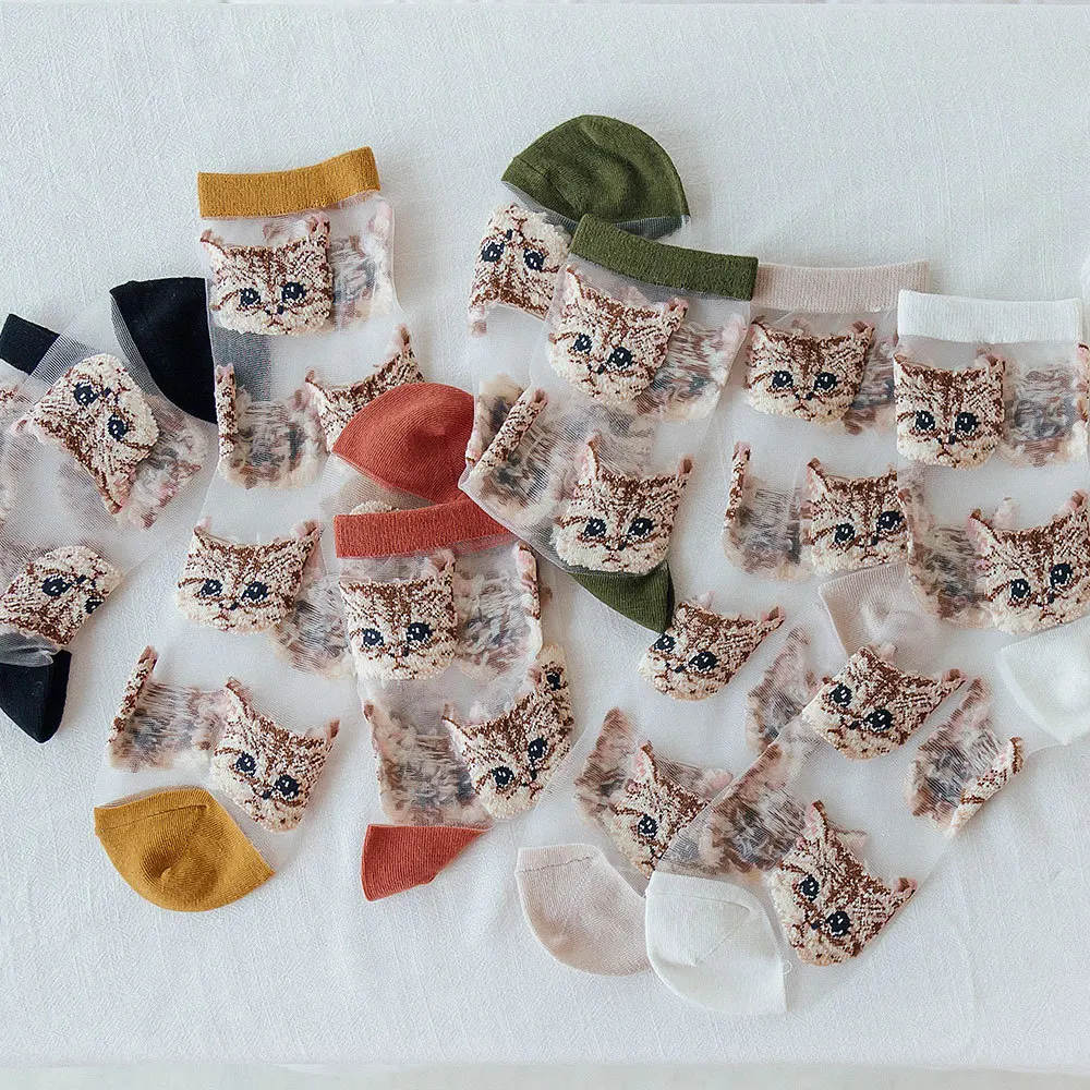 

Носки женские, шелковые, с кошачьими узорами, дышащие, лето пара/лот