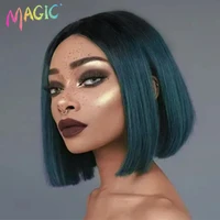magic synthetic lace wig 11inches middle part short bob wig ombre black green wig for black women heat resistant hair cosplay
