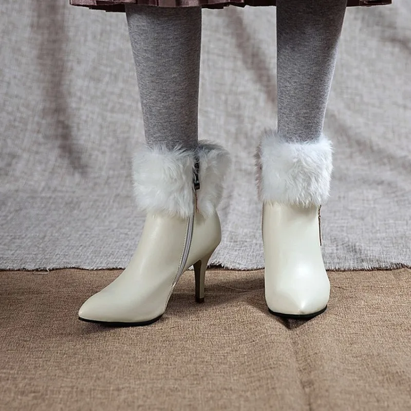 KALENMOS/женские ботинки размера плюс 33-46 вечерние на меху тонком каблуке с острым