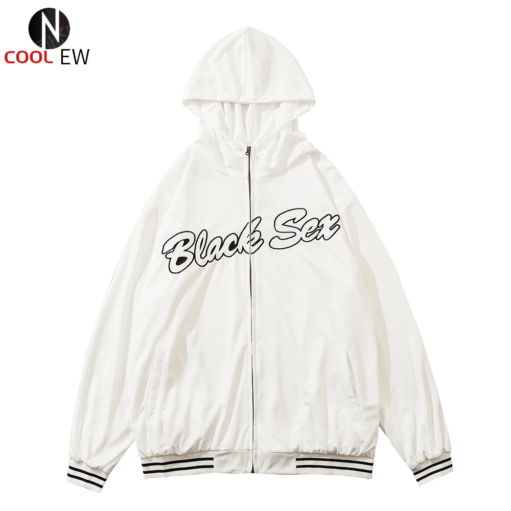 

Letter Embroidery Hooded Jacket Mens Autumn Casual Breathable Mesh Cardigan Sweatshirts Streetwear Loose Outerwear Men