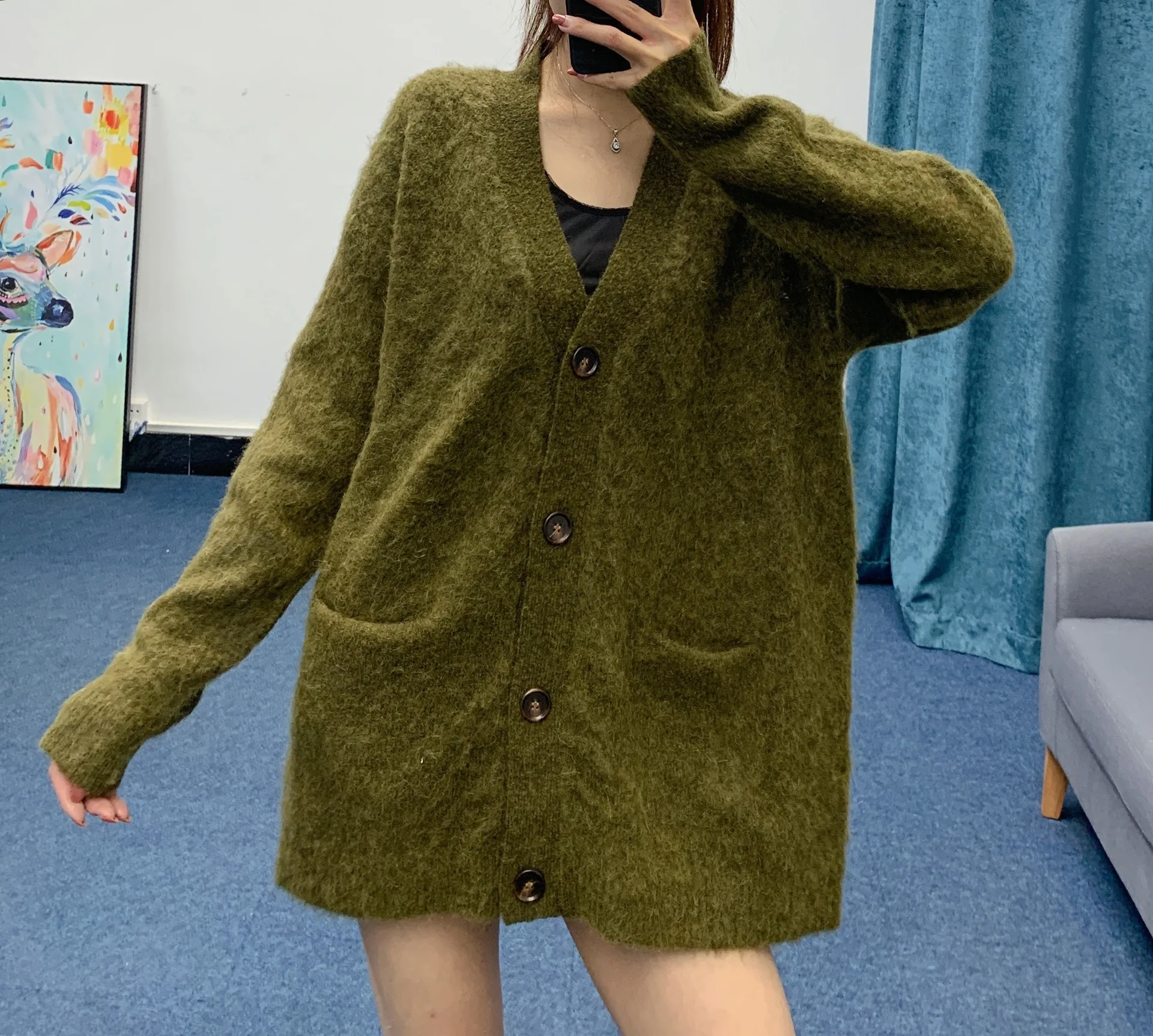 

New fashion V-neck single breasted loose Mohair knitted cardigan jacket for women fall winter