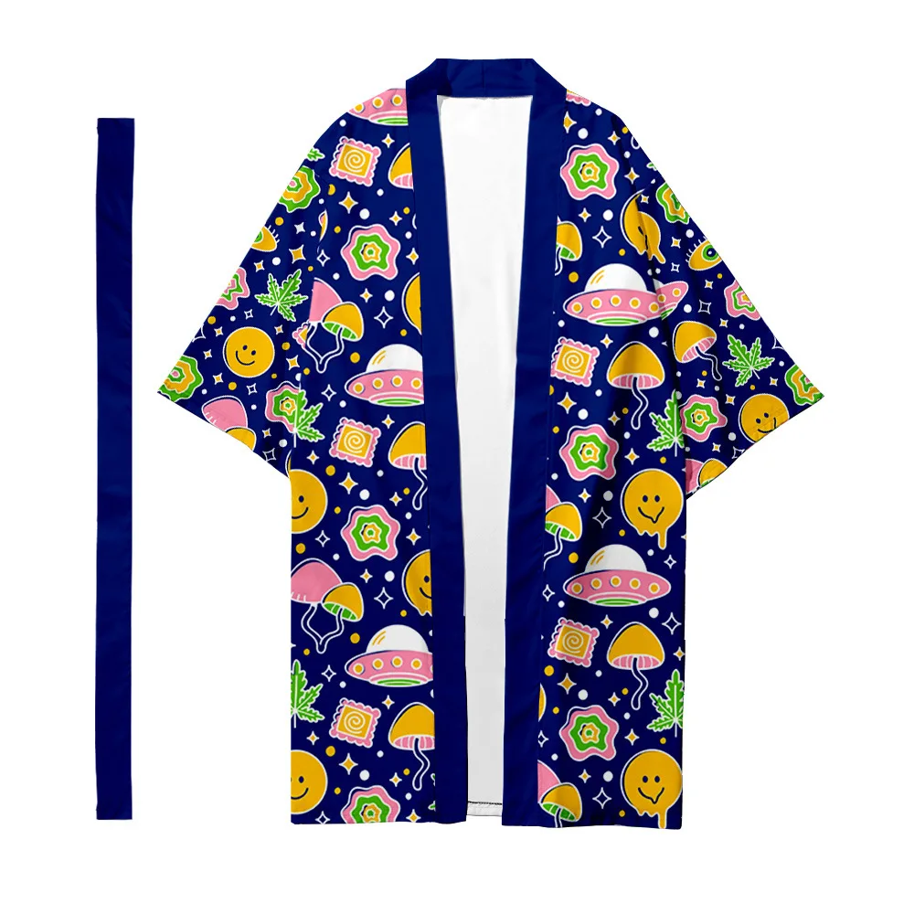 Кимоно мужское в этническом стиле длинная рубашка японском юката с принтом