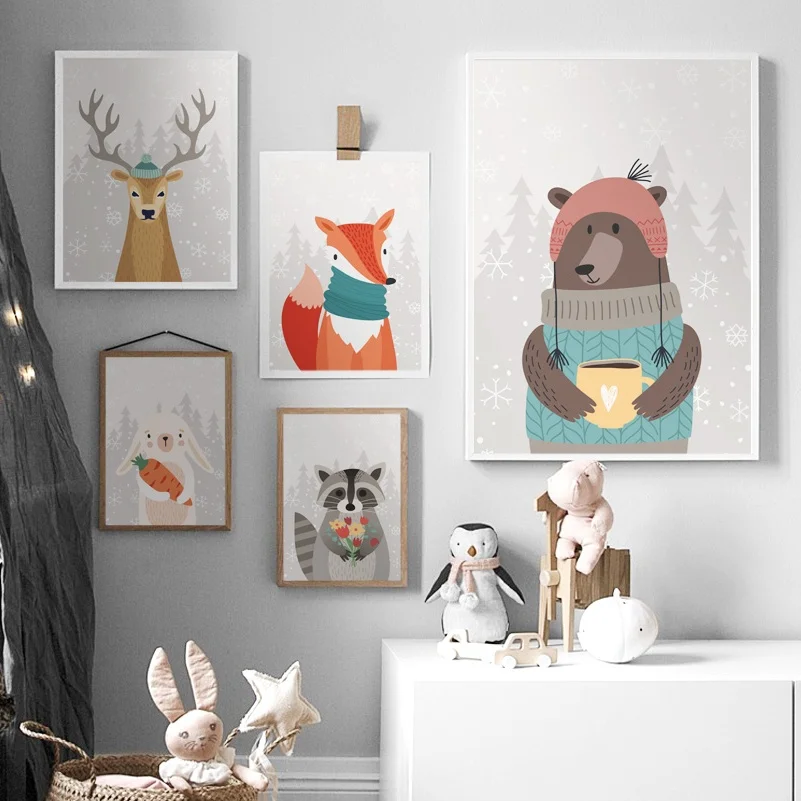 Олень лиса медведь фотография искусство на холсте картина скандинавские постеры