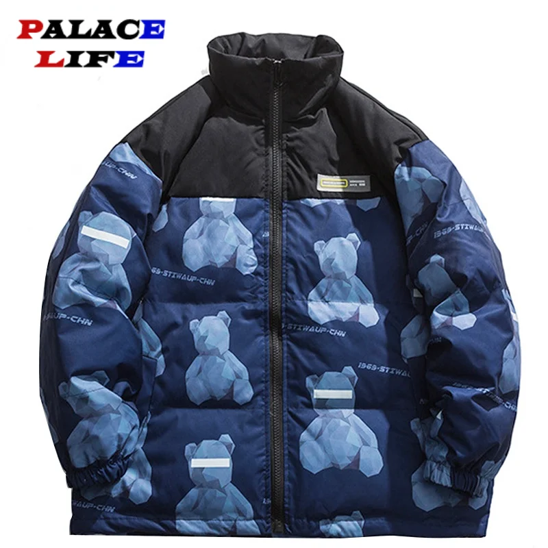 

Mens Winter Down Jacket Patchwork Bear Print Parka Harajuku Streetwear Fashion Loose Warm Thick Outwear Unisex Bubble Coat