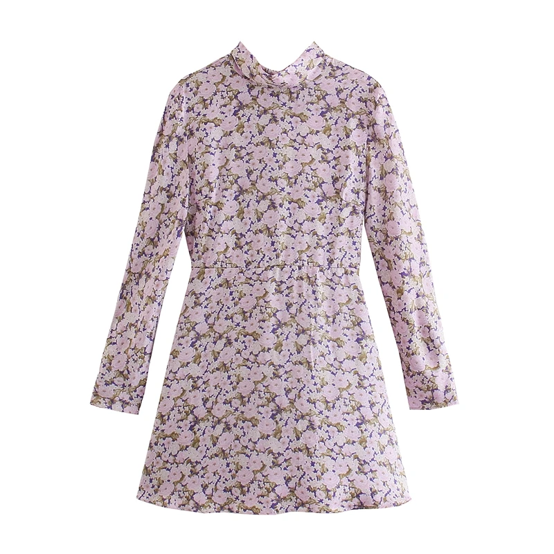 

Spring Elegant Floral Pring Mini Party Dress Women Turtleneck Lace Up Bow Above Knee Casual Dresses