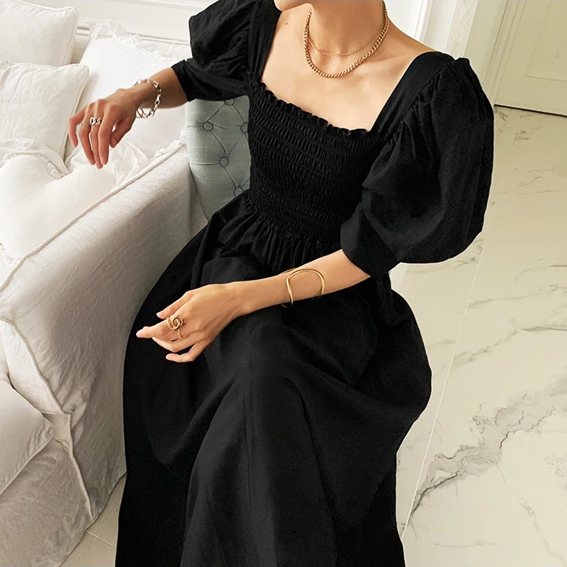 

Korejpaa Women Dress 2021 Summer French Retro Slimming Square Collar Exposed Clavicle Fold Design Waist Puff Sleeve Vestidos