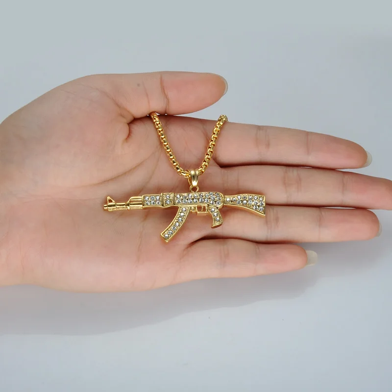 

HIP Hop Gold Color Stainless Steel Bling Iced Out Rope Chain AK47 Gun Pendants & Necklaces for Men Jewelry