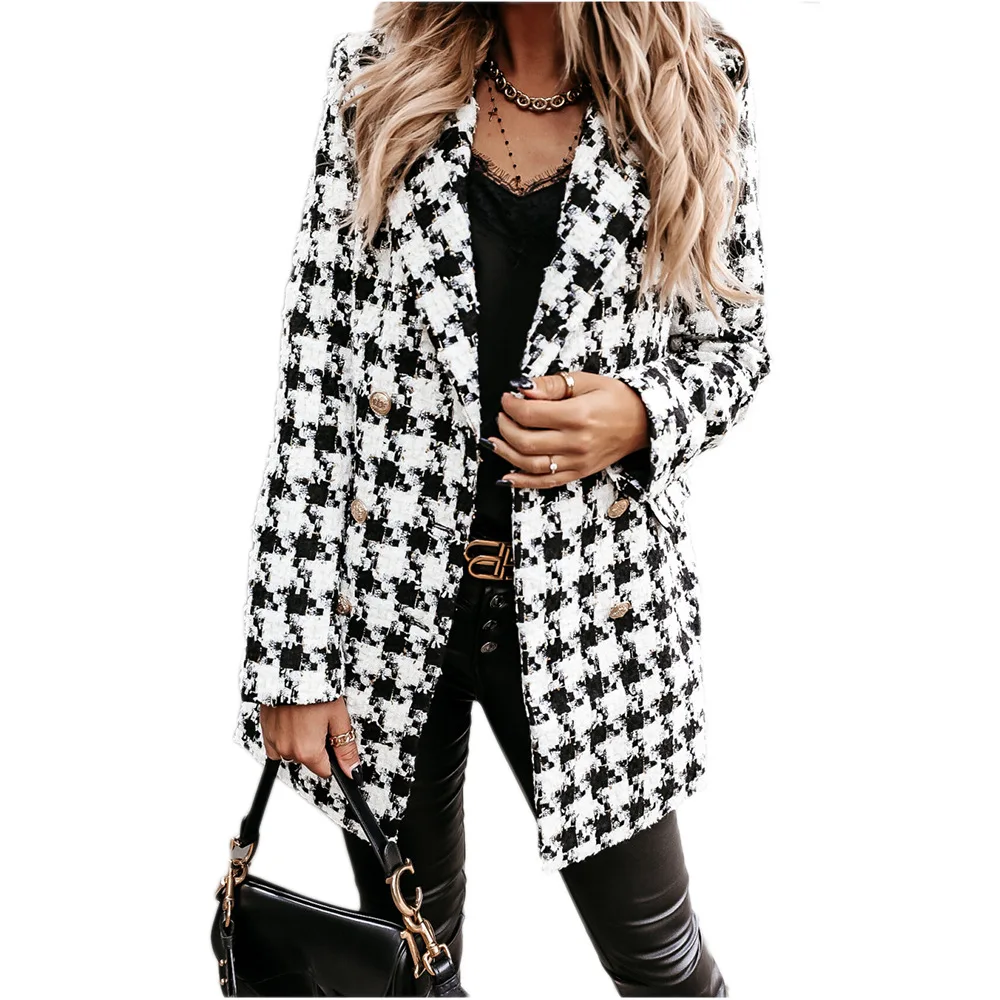 

2020 women's jacket autumn and winter woolen coat printed lapel long plaid coat