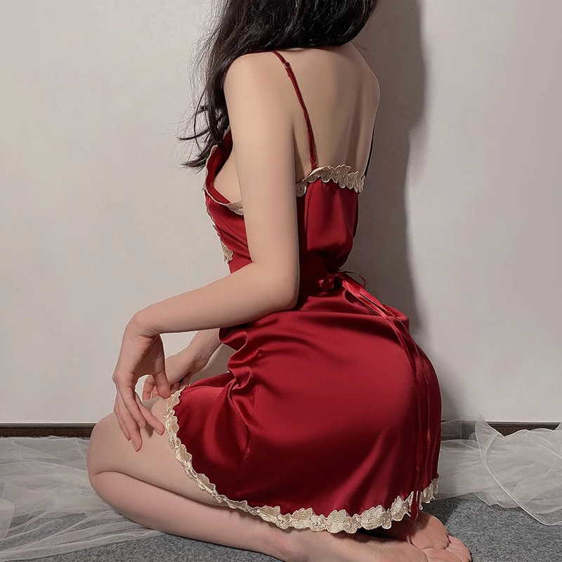 Nuisette Femme Sexy Lingerie Satin Nightgown Embroidery V-Neck Sleeveless Sleepwear Lace Nightdress Set Women Nightwear Babydoll