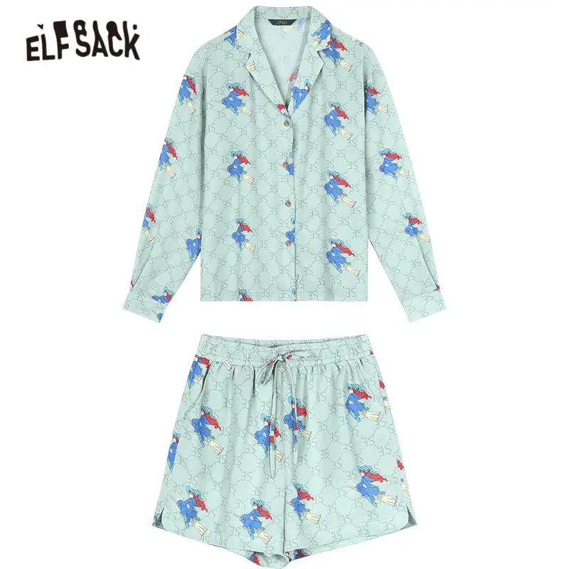 

ELFSACK Green Graphic Print Single Breasted Women Chiffon Matching Sets 2020 Summer ELF Drawstring Korean Ladies 2 Pieces Set