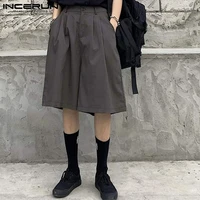 incerun 2021 fashion solid color men casual shorts leisure wide leg baggy bottoms summer male stylish loose zipper shorts 5xl 7