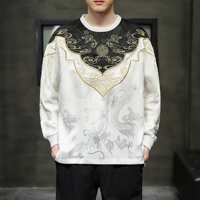 Мужская осенняя одежда в китайском стиле Шелковый костюм Хань Тан футболка с