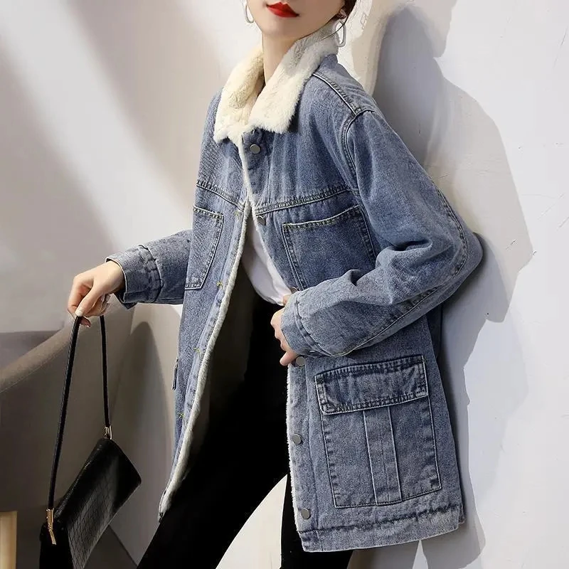 

Fur Warm Winter Denim Jacket Women Coat 2021 New Fashion Autumn Wool Lining Jeans Coat Women Bomber Jackets Casaco Feminino