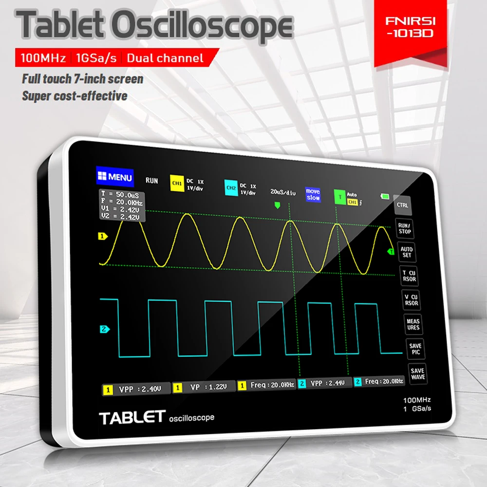 

1013D 2 Channels 100MHz*2 Band Width 1GSa/s Sampling Rate Oscilloscope with 7 Inch Color TFT High Definition LCD Touching Screen