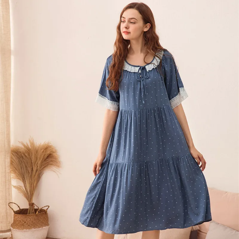 

Summer Nightshirt New Short-Sleeved Cotton Nightdress Long Cake Dress Women Korean Floral Print Nightgowns Loose Home Clothes