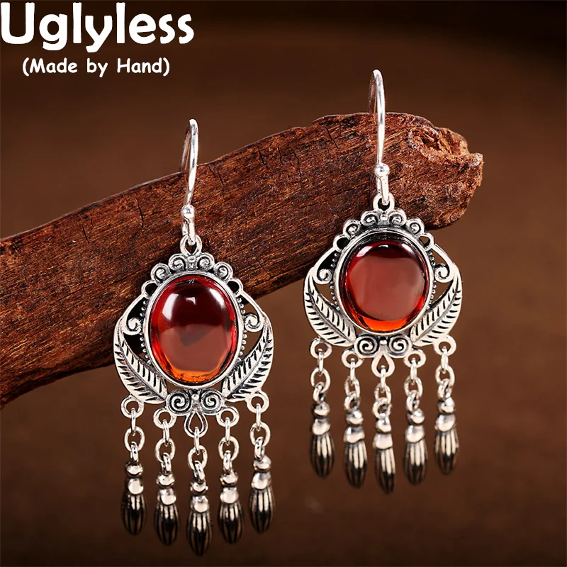 

Uglyless Exotic Tassels Garnet Earrings for Women Vintage Thai Silver Water Drop Earrings Real 925 Silver Red Gemstones Brincos