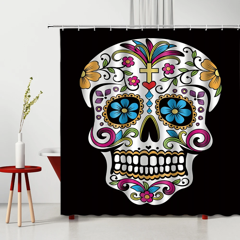 

3D Sugar Skull Shower Curtain Creative Flower Skeleton Indian Ethnic Style Horror Washable Fabric Home Bathroom Decor Curtains