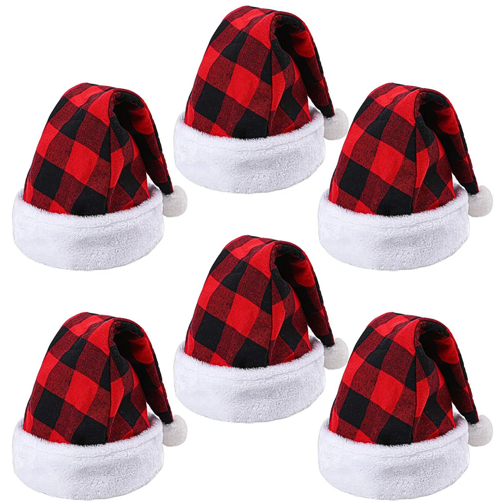 

Red Grey Fluffy Santa Hat Plaid Adult Kids Unisex High Quality One Size Cap For 2020 Xmas New Year Gift Dress Up Party Decor