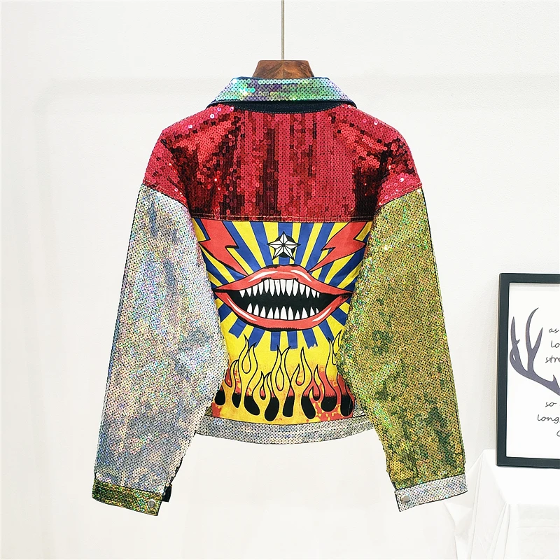 Цветные блестки джинсовая куртка пальто женские повседневные свободные джинсы