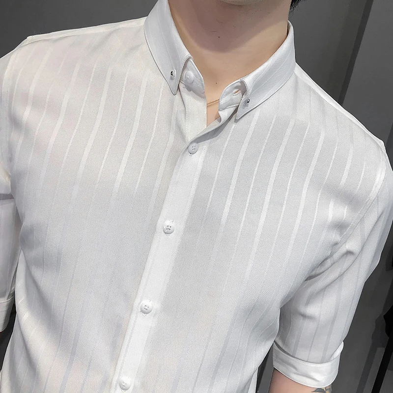 

Fashion Striped Shirts Men 2021 Summer Short Sleeve Casual Shirt Male Business Formal Dress Shirts Streetwear Social Party Tops