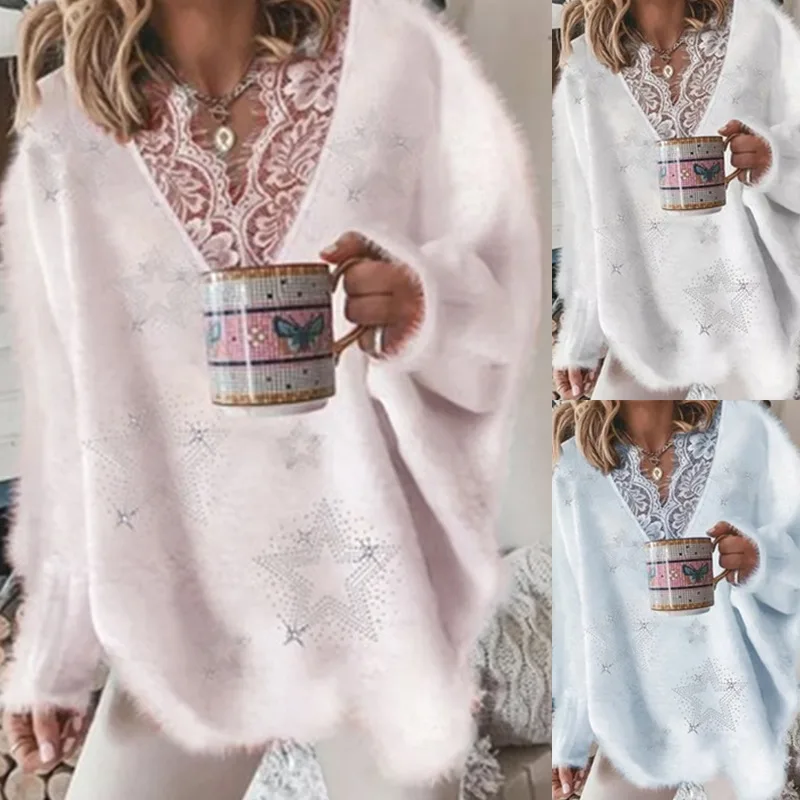 

Lugentolo Lace V Neck Sweater Women Fall Fashion Beaded Loose Long Sleeves Simplee Knitted Sweaters