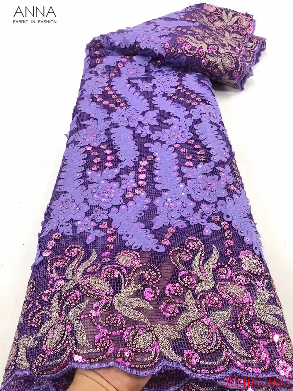 

Anna orange french sequins lace nigerian mesh fabric 2021 high quality embroidery afrian net lace fabrics 5 yards/pcs for sewing