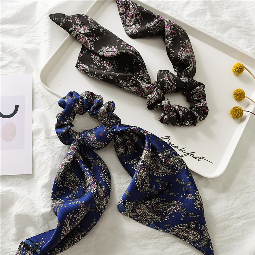 

Floral Elastic Hairband Ponytail Bow Scrunchies Women Girls Elegant Hair Ropes Ribbon Ties Fashion Headbands Summer Beach Style