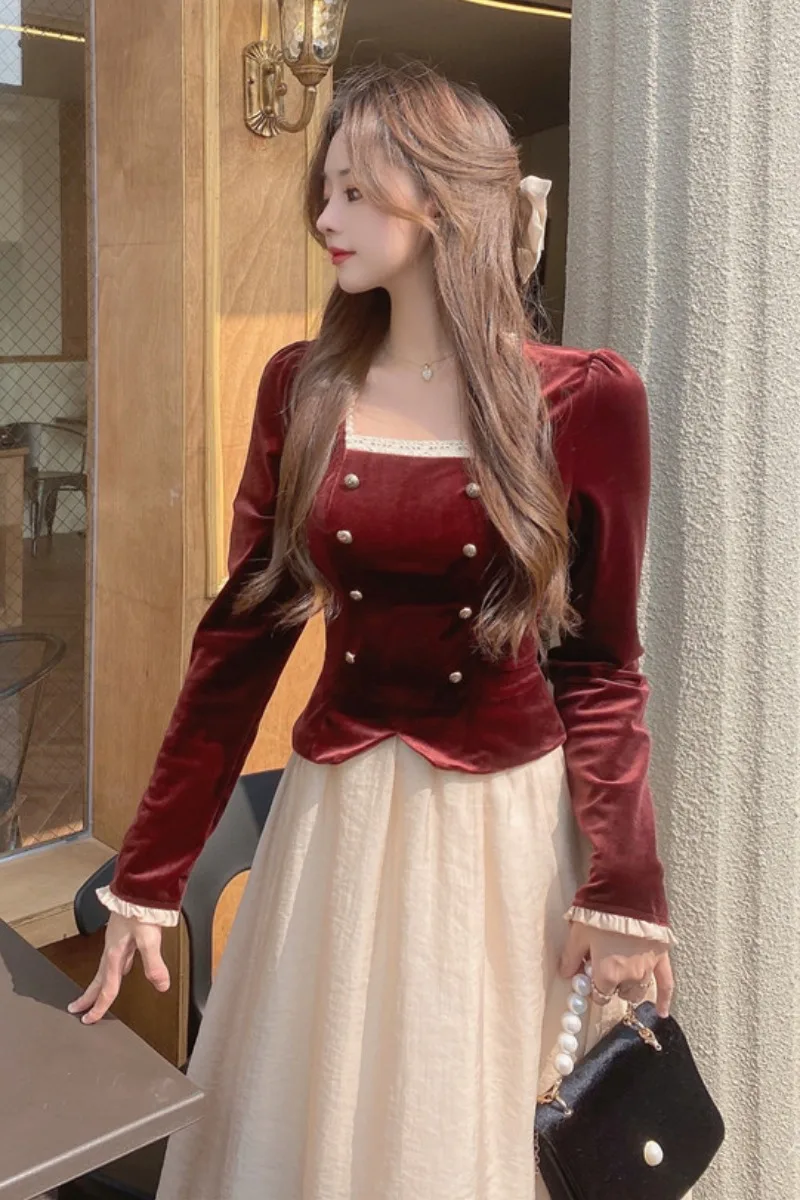 

Dresses for Women Summer Autumn Winter French Retro Square Collar Style Gold Velvet Sexy Dress Dresses Dresses