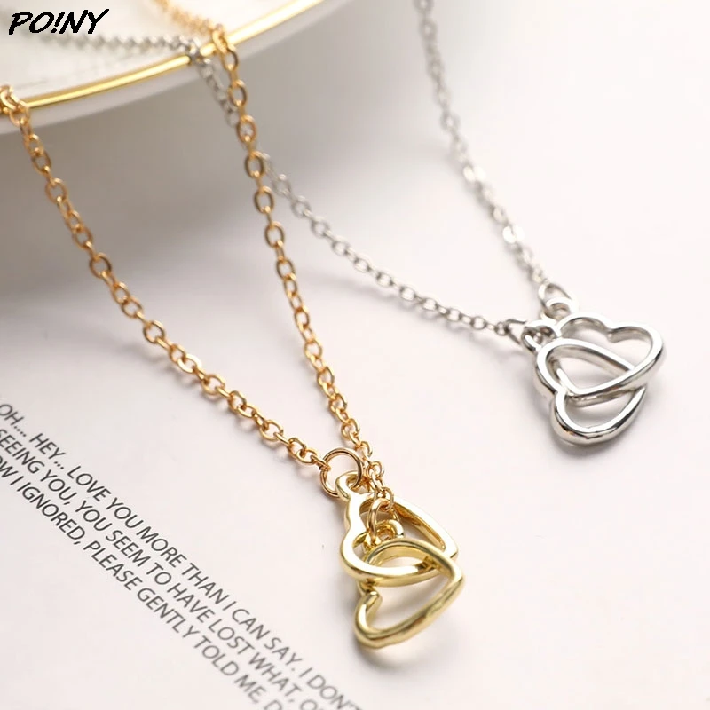 

925 Sterling Silver Shiny Double Heart Love Zircon Circle Necklaces Pendants Gift For Girl Choker Collar Gift