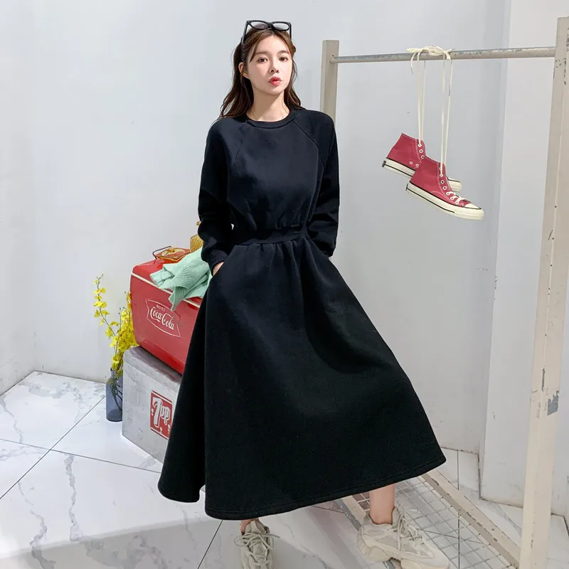 

2021 Spring Autumn New Korean Style Elegant Long Sleeve Sweatshirt Dress Slimming Large Hem Tight Waist Long Fashion Long Dress